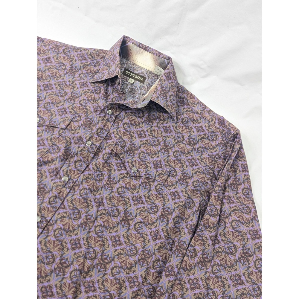 Stetson Western Pearl Snap Shirt Men's M Purple Paisley Long Sleeves Collar